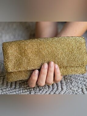TIANA New York Gold Beaded Foldover Clutch Evening Bag Wedding Sparkly. EUC